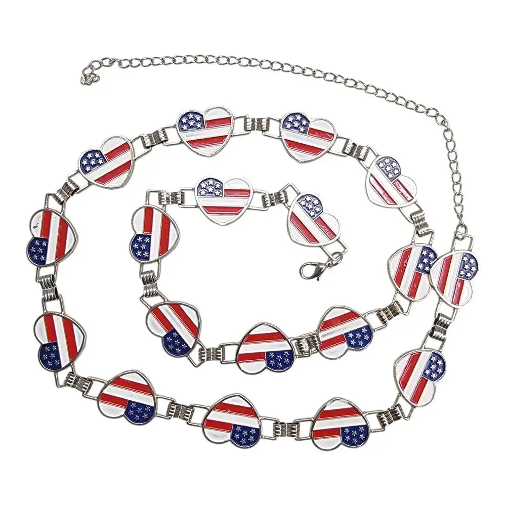 Vtg Americana USA Flag Heart Link Chain Belt Enamel Patriotic Silver Tone Womens